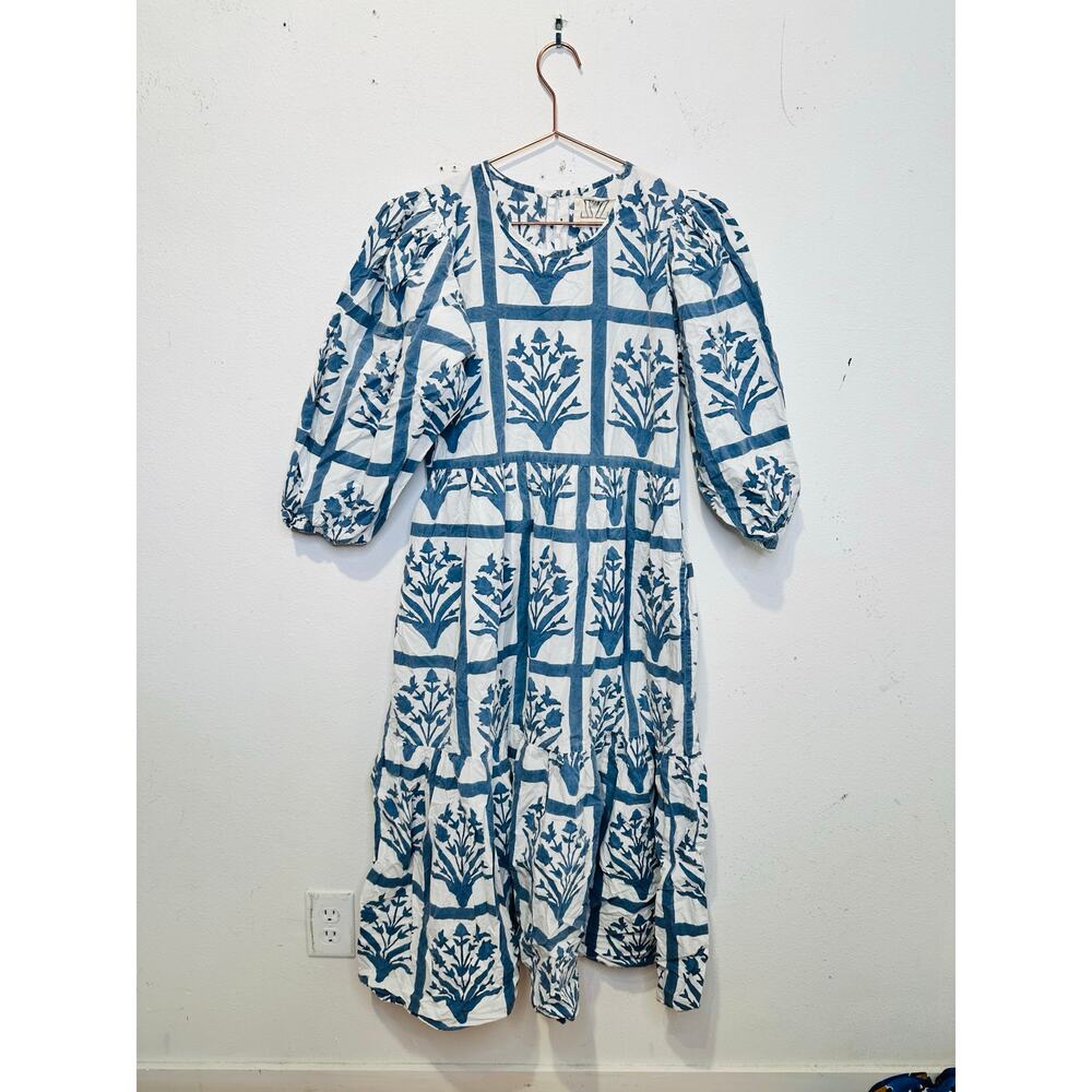 SZ BLOCKPRINTS Blue White Floral 100% Cotton Long Sleeve Orti A-Line Dress Small - Picture 6 of 16